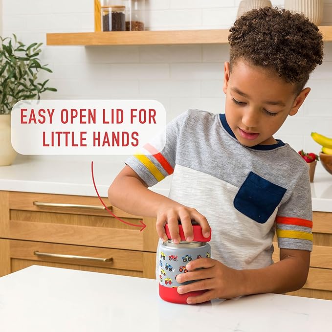 Bentgo Kids Stainless Steel Food Jar - 11oz Leak-Proof Double Insulated Hot or Cold Food Container with Removable Silicone Bumper, Dishwasher Safe, Easy Open Lid, Ages 3+ (Trucks)