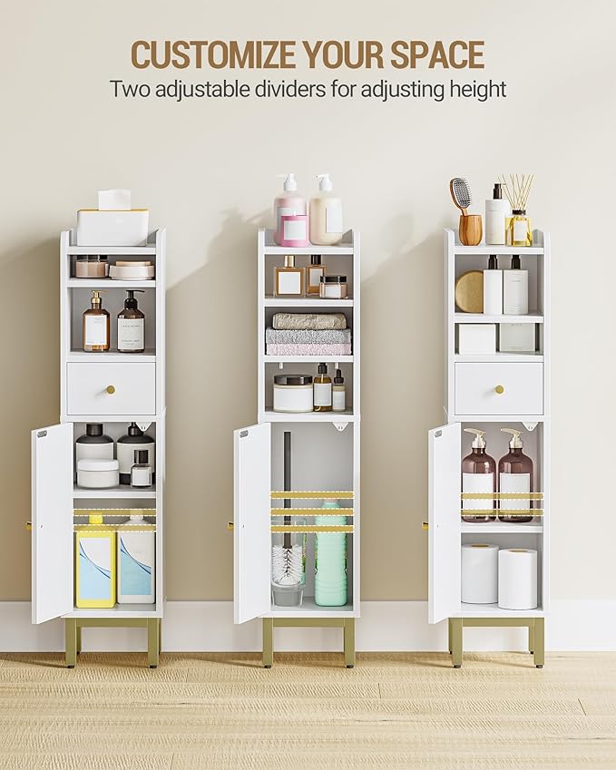 Bathroom Storage Cabinet, Corner Floor Cabinet with Drawers and Doors, Narrow Toilet Paper Holder, Bathroom Organizer with Adjustable Shelf, for Small Spaces, White BC19803GV1