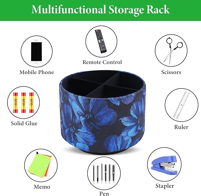 QIELIZI Round Leather Art Supply Organizer,Remote Control Holder,360 Degree Rotating,Multi-Functional Pencil Holder,4 Compartments Desktop Stationary Organizer(1-Dahlia Dark Blue)