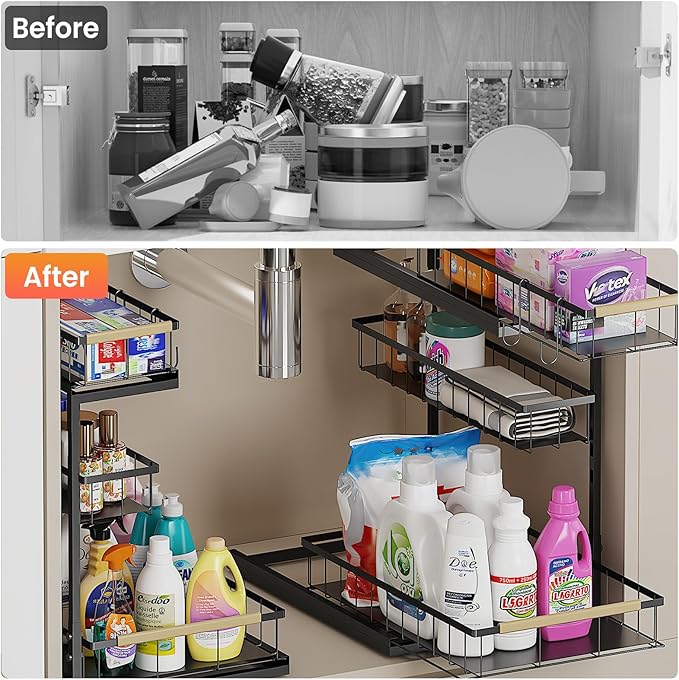 Under Sink Organizer and Storage for Bathroom and Kitchen - 1 Pack 3 Tier Under Cabinet Pull Out Shelf Organizers - Slide Out Drawer Organization for Home Cabinets Shelves and Drawers