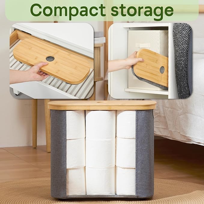 ELONG HOME Sleek Toilet Paper Storage, 30L Grey Fabric Toilet Paper Storage with Bamboo Lid, Durable Lining Storage Basket for TP, Towels, or Bathroom Essentials