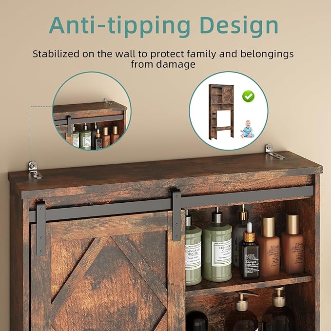 Over the Toilet Storage Cabinet with Farmhouse Sliding Barn Door, Above Toilet Organizer with Toilet Paper Holder Stand, Behind Toilet Shelf, Space Saver for Restroom, Bathroom, Laundry, Brown