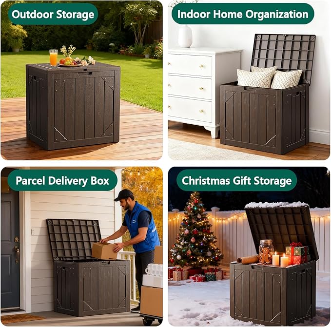 Outdoor Storage Box - 30 Gallon Waterproof Resin Deck Box, Lockable Patio Storage Bench for Package Delivery, Cushions & Garden Tools, UV Resistant (Brown)