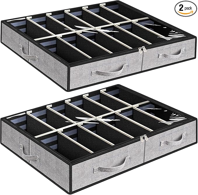 Under Bed Shoe Storage Organizer, Set of 2, Underbed Shoes Container with Adjustable Dividers, Fits 24 Pairs, Gray