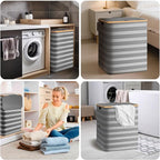 BALEINE Laundry Hamper with Lid, Tall Laundry Baskets with Bamboo Pull Handles, Large Laundry Bin with Internal Support (18 Gal/70L, Grey Pinstripe)