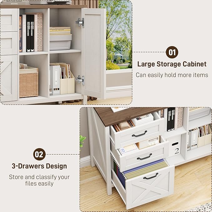 3 Drawer File Cabinet, Farmhouse Style Lateral Filing Cabinet Suitable for Letter or A4 Size Files, Wooden Home Office Storage with Adjustable Shelf and Printer Stand, White and Brown
