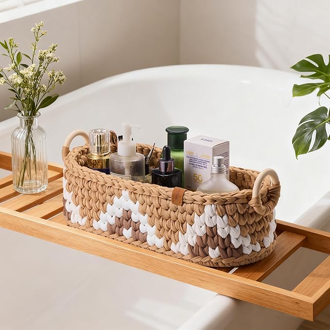 Handwoven Toilet Paper Storage Basket with Wooden Base & Handles - Boho Modern Bathroom Organizer, Small Shelf Basket for Living Room, Bedroom, Nursery (Brown)