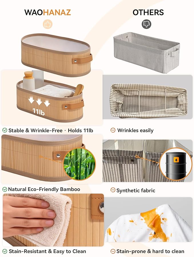 Toilet Paper Storage Basket Bathroom Counter Organizer Bamboo Baskets for Organizing, with Lid & Handels-Decorative Storage Set, 2-Pack