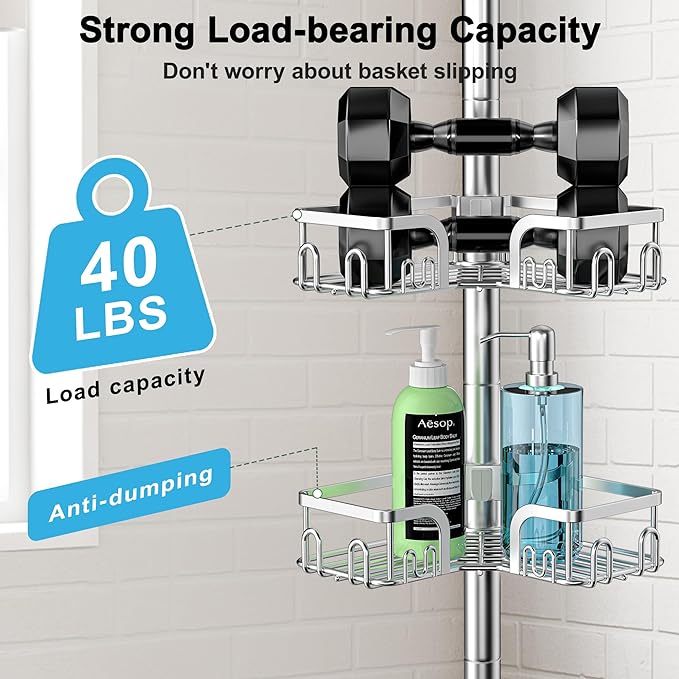 Corner Shower Caddy Tension Pole 4 Tier Adjustable Stainless Steel Shower Shelf for Inside Shower Bathtub Shampoo,Standing Bathroom Organizer Shelves with 39 to 113 inch Height