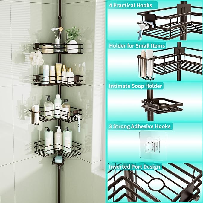 HapiRm Corner Shower Caddy Organizer - Shower Organizer Corner with Soap Holder, Toothbrush Holder and 4 Hooks, Rustproof Bathroom Shelf Tension Pole Available for 27.6 to 108.3 Inch - Bronze