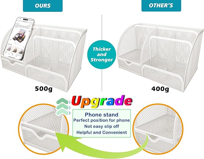 Boutilon Mesh Desk Organizer Desktop Office Supplies Stationary Organizer with 6 Compartments and 1 Drawer Multi-Functional Caddy Pen Holder for Home Office School Desk Decor(White)