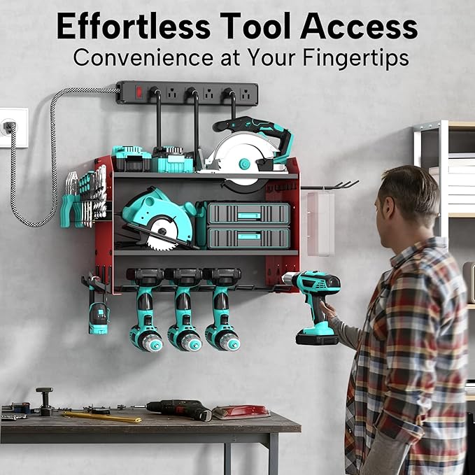 3 Layer Heavy Duty Power Tool Organizer Wall Mount with Charging Station, Adjustable Metal Storage Rack, 6 Outlets Power Strip, Drill Holders, Hooks & Drill Bit Rack for Garage, Workshop, Red