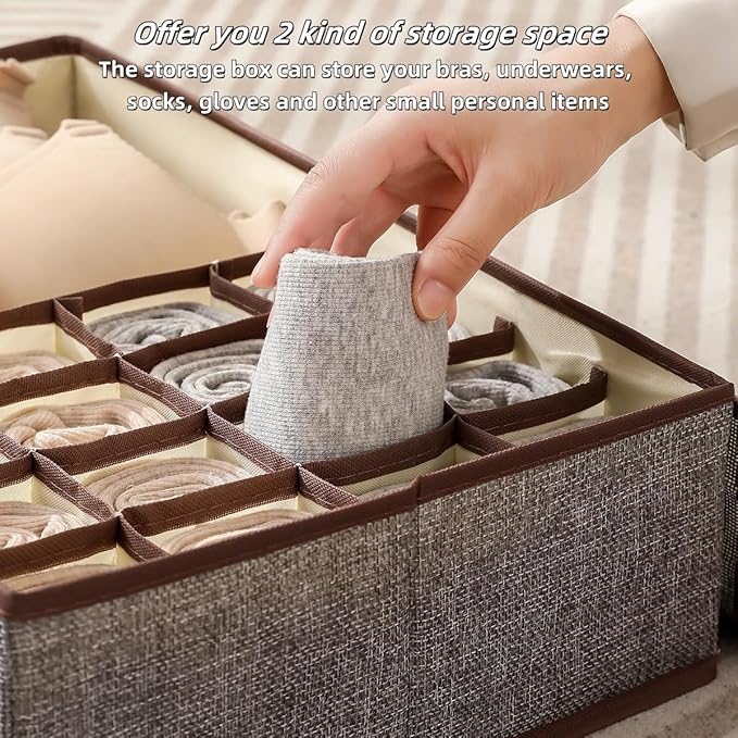 Sock Underwear Organizer Divider with Lid, 1+16 Cells Drawer Fabric Foldable Cabinet Closet Storage Boxes for Storing Socks, Underwear, Ties (Beige)