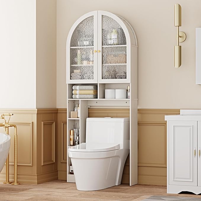 Over The Toilet Storage Cabinet, 29.7”W Modern Storage Cabinet Over Toilet with Acrylic Doors, Arched Freestanding Over Toilet Rack with Adjustable Shelf for Bathroom, White