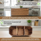 Large Kitchen Utensil Holder for Countertop – Acacia Wood Utensil Organizer with 3 Compartments, Beveled Edges Design, Non-Slip Silicone Pads & Drain Hole – Rustic Farmhouse Utensil Caddy Crock