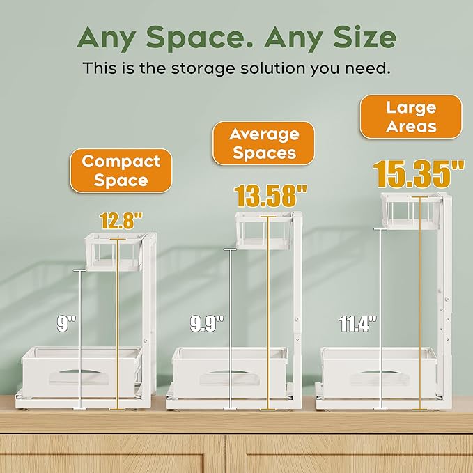 Under Sink Organizer, 2 Pack Cabinet Organizer for Kitchen, Height Adjustable Pull Out Heavy Duty 2 Tier Metal Under Sink Storage for Bathroom Pantry (White, 2 Pack)