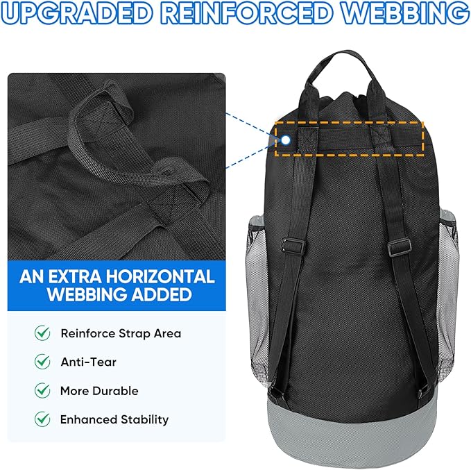BALEINE 150L Laundry Bag Backpack, 900D Oxford Fabric Large Travel Laundry Bags with Shoulder Straps and 2 Mesh Pockets for College Dorm, Apartment, Laundromat (Black, 150L)