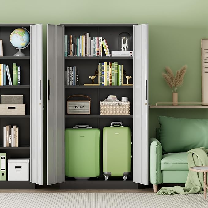 INTERGREAT Metal Storage Cabinet with Lock, 71" H Metal Cabinets Storage with 2 Doors and 4 Adjustable Shelves, Locking Garage Cabinet for Home Office, Kitchen, Bathroom (Black Grey)