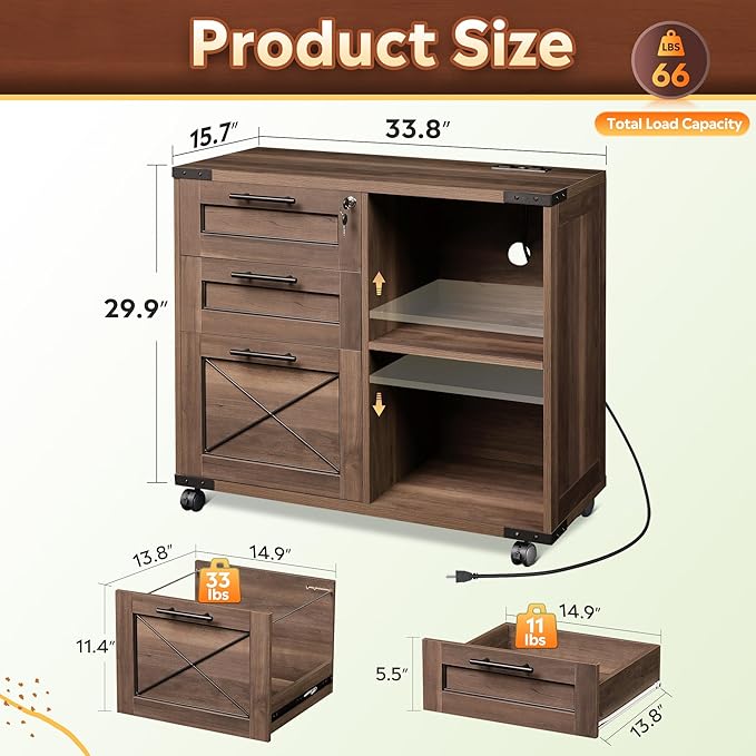 DEVAISE Wood File Cabinet with Charging Station, Mobile Lateral Filing Cabinet with Lock for Home Office, Printer Stand with Open Storage Shelves, Dark Brown