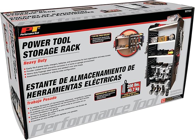 Performance Tool W7704 17-in Five Level Power Tool Storage Rack: 200 lb Limit, 9-Gauge Solid Steel Frame, Baked on Powder Coat Finish with 1/4-in Peg Holes, For Garage/Home, Black/White
