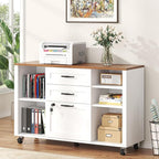 Semoic 3 Drawer Wood Lateral File Cabinet with Lock, Rolling Mobile Filing Cabinet with Open Storage Shelves, Printer Stand Office Storage Cabinet for Home Office Fits Files Legal/A4 Size, White