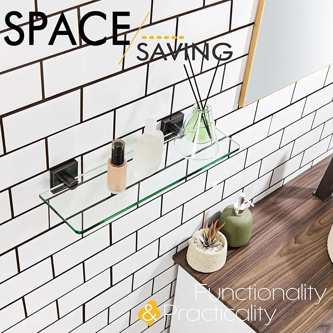 KOKOSIRI Tempered Glass Shelves 16-Inch Bathroom Floating Shelf Kitchen Hanging Rack for Shower Storage, Oil Rubbed Bronze Stainless Steel B1107ORB-L16