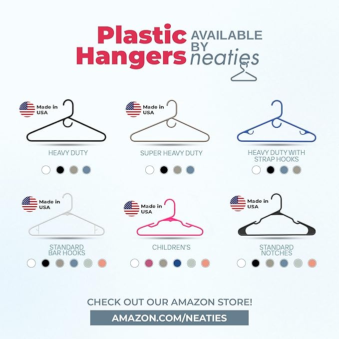 Neaties Plastic Hangers 50 Pack (60 Count) – Made in The USA – 6lb Capacity Standard Clothes Hangers with Notches and Reinforced Edges for Dresses, Lingerie, Shirts, Pants, and Jackets – White & Black