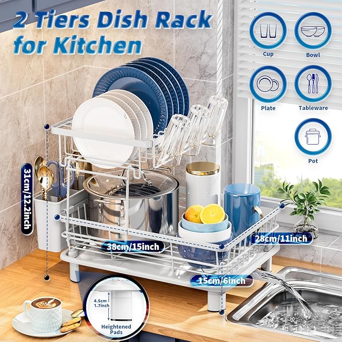 Dish Drying Rack, Stainless Steel-Dish Rack, Dish Racks for Kitchen Counter, Kitchen Dish Drainers with Removable Utensil Holder,New Drain Outlet,Plate Rack and Drainboard (White 3)