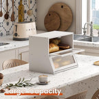 GHWIE Double Layer Bamboo Bread Box for Kitchen Counter,Large Capacity Bread Storage Bin,Bread Container with Acrylic Wavy Door Panel (White, Medium)