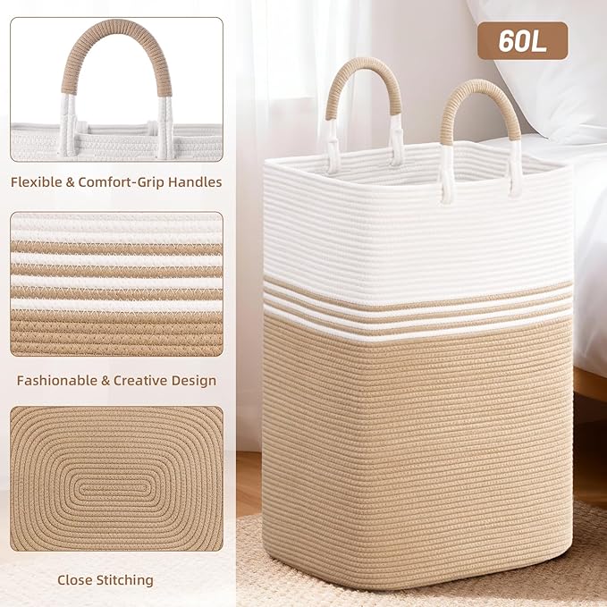 Laundry Basket Hamper,Blanket Storage,Dirty Clothes Hamper with Swivel Handles,Woven Cotton Rope Toy Baskets,Blanket Basket Living Room,Decorative Hampers for Nursery,Bedroom,White & Brown,60L