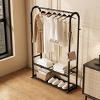 Sturdy metal clothes rack,Black freestanding clothing rack with bottom shelves and 6 side hooks,garment rack for hanging clothes,Modern wardrobe rack for Bedroom or cloakrooms