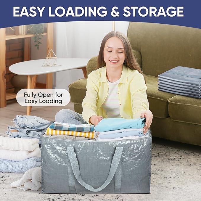 TICONN 8 Pack Extra Large Moving Bags Heavy Duty with Zippers & Carrying Handles, Durable Storage Bags Moving Boxes for Closet Organizers and Storage (8 Pack, Light Grey)