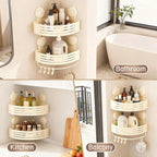 Corner Shower Caddy Bathroom Organizer（2-Pack Cream White）,No-Drilling Aluminum Suction Cup Corner Shower Shelf with Towel Bar & Hooks,Detachable and Reusable Bathroom and Kitchen Storage