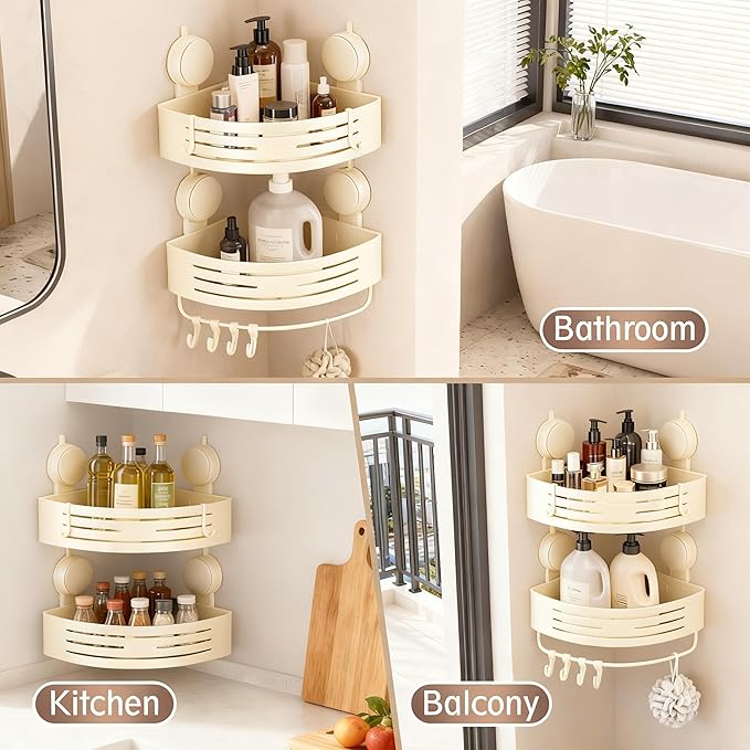 Corner Shower Caddy Bathroom Organizer（2-Pack Cream White）,No-Drilling Aluminum Suction Cup Corner Shower Shelf with Towel Bar & Hooks,Detachable and Reusable Bathroom and Kitchen Storage