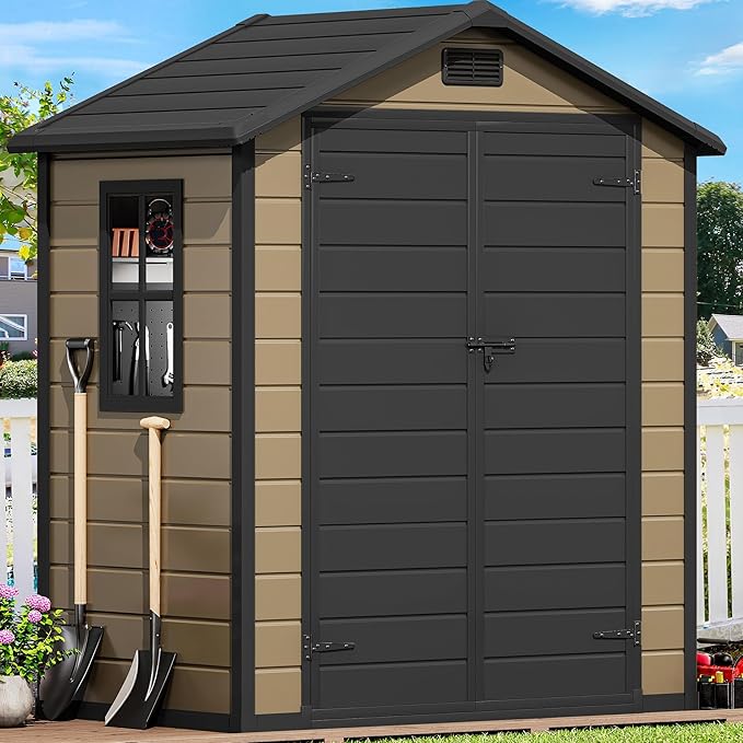 DWVO 6x4 FT Outdoor Resin Storage Shed with Reinforced Floor, All-Weather Bike Storage Shed with Lockable Door, Window and Vent, Waterproof Plastic Tool Storage for Garden, Backyard, Patio, Lawn