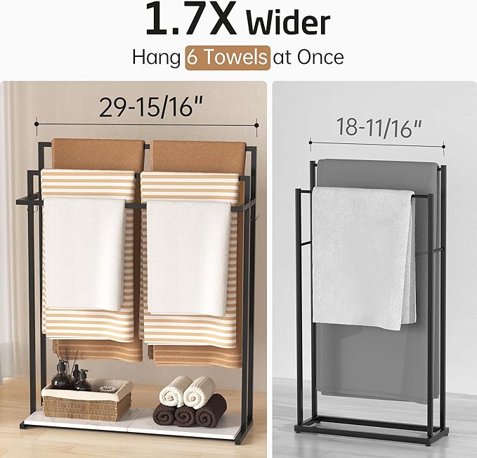 KES Extra Large Free Standing Towel Racks for Bathroom with Anti Wobble Base, 44 Inch Blanket Rack, 3-Tier Blanket Holder for Living Room with Weighted Marble Shelf & 4 Hooks, Matte Black, BTH504-BK