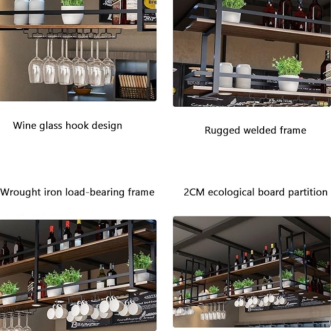 Ceiling Wine Glass Holder - Hanging Wine Rack, Ceiling Mounted Storage Rack, Wrought Iron Solid Wood Bar Display Rack, LOFT Hanging Decorative Rack(80X30X50CM)