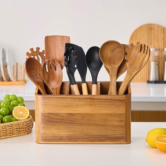 Wooden Utensil Holder for Kitchen Counter, Acacia Wood Kitchen Utensil Holder for Countertop with 4 Compartment, Cooking Utensil Organizer, Silverware Caddy (Acacia Wood, 3Compartment)