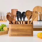Wooden Utensil Holder for Kitchen Counter, Acacia Wood Kitchen Utensil Holder for Countertop with 4 Compartment, Cooking Utensil Organizer, Silverware Caddy (Acacia Wood, 3Compartment)