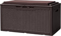 Devoko 100 Gallon Deck Box, Waterproof Resin Outdoor Storage Box with Cushion for Outside and Patio, Large Outdoor Storage Bench Cabinet Lockable for Patio Furniture and Garden Tools (Deep Brown)