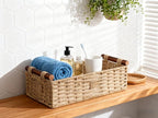 Back of Toilet Basket with Wood Handles, Khaki Wicker Toilet Paper Basket for Toilet Tank Top, Narrow Toilet Tank Basket, Bathroom Basket Organizer for Wipes & Essentials
