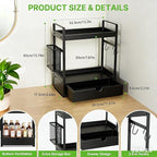 2-Tier Bathroom Counter Organizer with Drawer Basket and Hooks, Wood Bathroom Organizers and Storage for countertop, Farmhouse Black Countertop Organizer, Counter Shelf for Vanity, Kitchen, Office