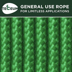 TECEUM Rope – 90 Feet x 1/4 Inch (7mm) – Green – Strong All-Purpose Utility Rope – Camping, Crafting, Flag Pole, Indoor & Outdoor – Polypropylene Nylon Poly Lightweight Diamond Braided Cord