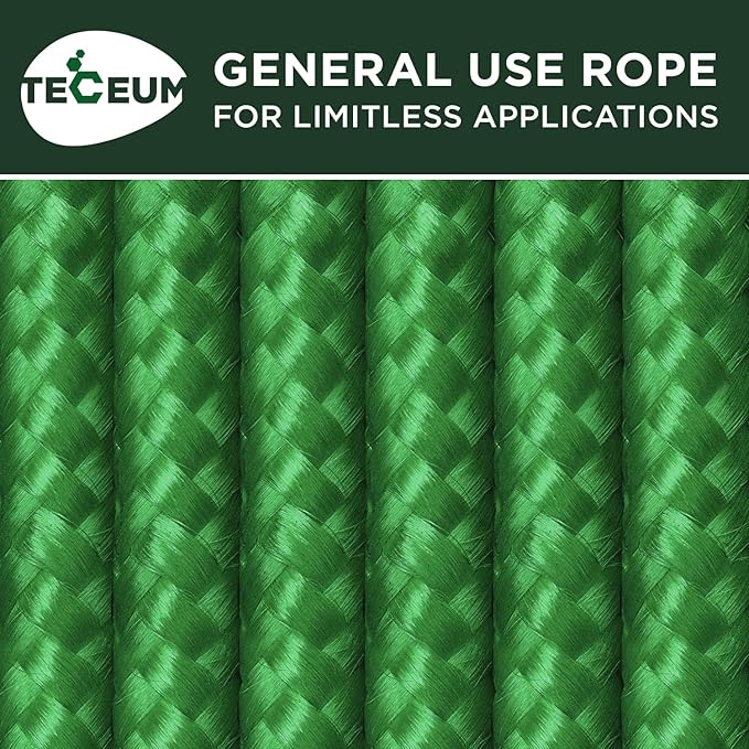 TECEUM Rope – 90 Feet x 1/4 Inch (7mm) – Green – Strong All-Purpose Utility Rope – Camping, Crafting, Flag Pole, Indoor & Outdoor – Polypropylene Nylon Poly Lightweight Diamond Braided Cord