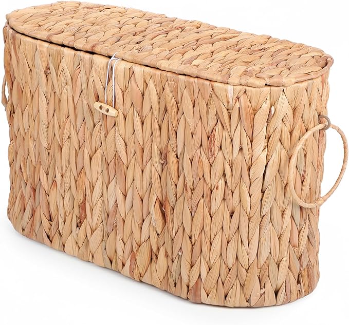 Toilet Paper Storage Basket, Water Hyacinth Slim Toilet Paper Holder with Lid for 6 Regular Rolls Hand-Woven Wicker Rattan Home Decor Bathroom Accessories Organizer