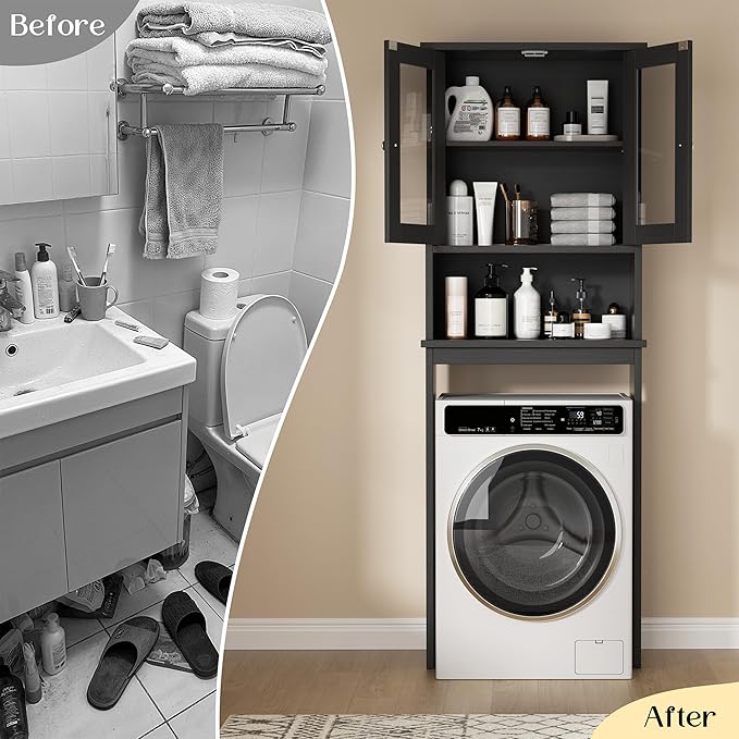 Walsunny Over Toilet Storage Cabinet, BathroomShelf Organizer Over Toilet, Washing Machine Box, Space Saver with Adjustable Decorative Racks（Black）