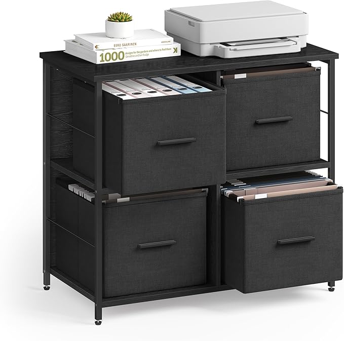 VASAGLE File Cabinet with 4 Drawers, Printer Stand, Cube Storage Shelf, for A4, Letter-Size Documents, File Storage Box, Home Office, Ebony Black and Ink Black UOFC059B56
