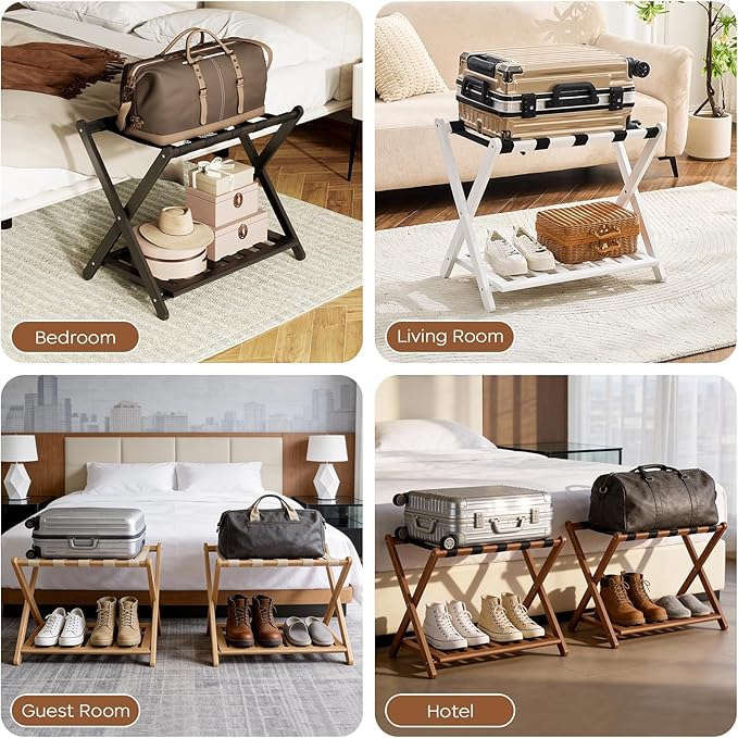 2 Pack Fully Assembled Black Luggage Racks, Bamboo 26.77" Folding Suitcase Stand for Guest Room with 5 Nylon Straps, Heavy Duty, Upgraded Luggage Rack Holder with Shelf for Bedroom Hotel