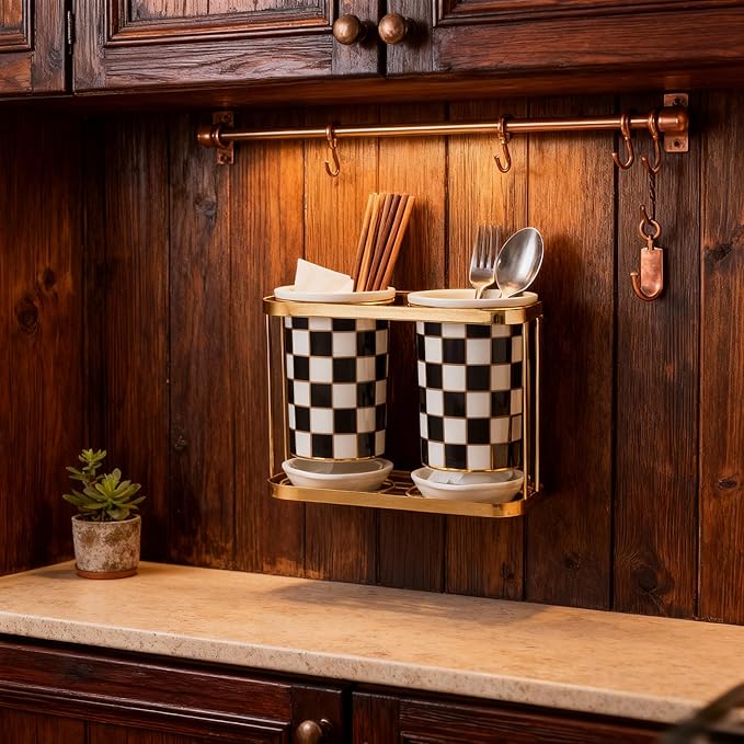 Ceramic Checkered Utensil Crocks with Gold Metal Rack, Black & White Grid Kitchen Utensil Storage, Farmhouse Kitchen Decor, Flatware Organizer & Home Accessory (Black)