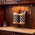 Ceramic Checkered Utensil Crocks with Gold Metal Rack, Black & White Grid Kitchen Utensil Storage, Farmhouse Kitchen Decor, Flatware Organizer & Home Accessory (Black)